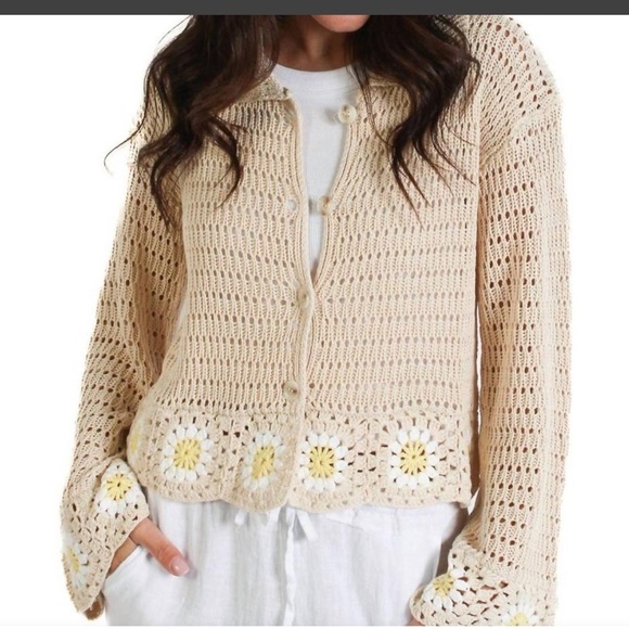 Storia Sweaters - Storia Beige Crochet Cardigan with Floral Trim NWT